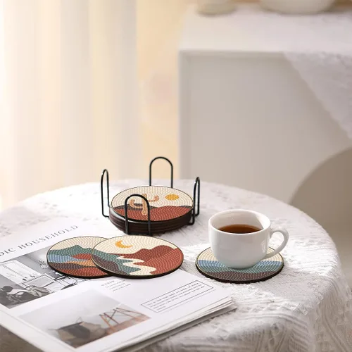 Miniatura 5 de Bulerrylulu Juego de 6 posavasos de pintura de diamantes con soporte, juego de posavasos de arte de diamante de paisaje para bebidas y mesa de café