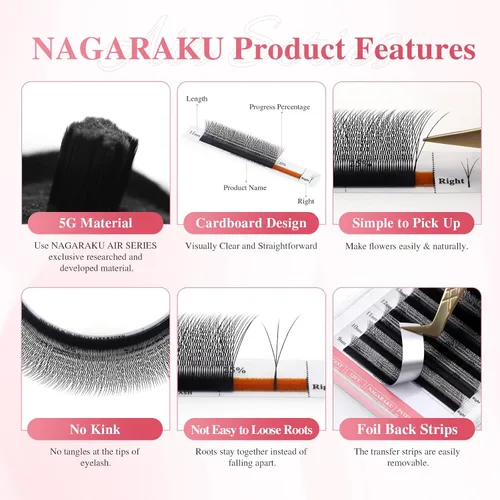 Miniatura 62 de NAGARAKU Extensiones de pestañas falsas en forma de W de 4D, suaves y naturales, con volumen, rizado D, 0.07mm, mezcla de 8-15mm, abanico 0.07-D 4D W