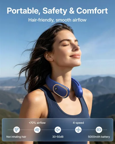 Miniatura 2 de SHEWIND Ventilador de cuello portátil, ventilador personal manos libres, ventilador sin aspas recargable con batería de 5000 mAh, pantalla digital