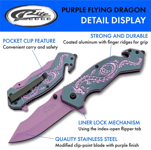 Miniatura 2 de SZCO 7.75" Cuchillo plegable de utilidad de rescate con apertura asistida Flying Dragon (Morado)
