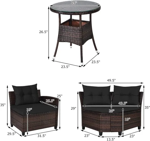 Miniatura 5 de Tangkula - Juego de muebles de patio de 4 piezas en forma de C de mimbre para exteriores, con cojines y mesa de centro con cubierta de cristal