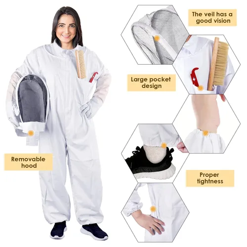 Miniatura 3 de Traje de abeja profesional para hombres y mujeres con guantes, traje de apicultura de cuerpo completo con capucha ventilada, traje de abeja