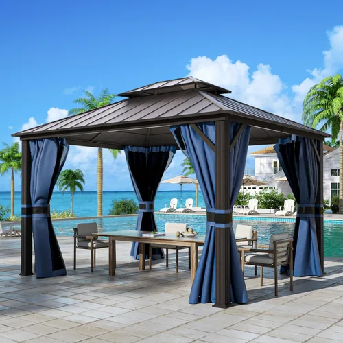 Miniatura 14 de UDPATIO Gazebo de techo rígido de 10 x 10 pies, glorieta de metal para exteriores con techo de acero galvanizado, pabellón permanente con malla