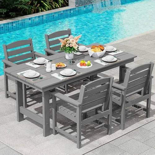 Miniatura 39 de SERWALL Juego de Mesa de Comedor de HDPE para Exteriores, Juego de 7 Piezas de Mesa de Comedor al Aire Libre con Mesa con Corte para Agujero de Gris