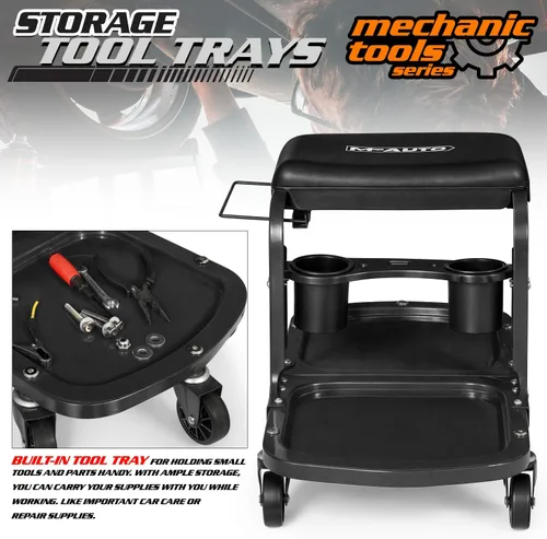 Miniatura 4 de M-AUTO Asiento de rodillo para garaje, taburete de taller mecánico resistente con bandeja para herramientas y estante para equipos, asiento