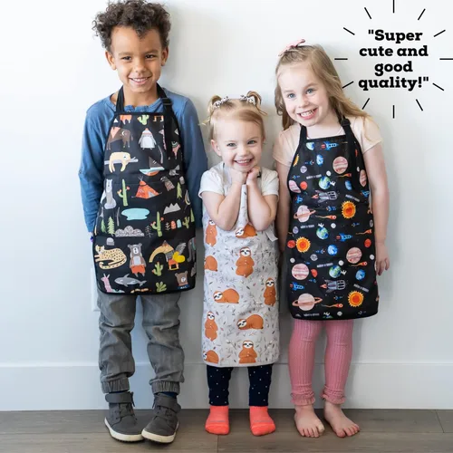 Miniatura 7 de Kids Aprons for Girls and Boys, Toddler Apron with Pocket for Painting, Cooking, Baking, Gardening and Crafts Alfabeto Dinos