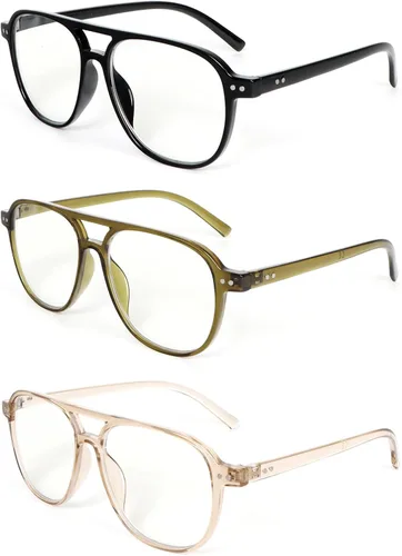 MMOWW - Paquete de 3 anteojos de lectura de aviación de gran tamaño para mujeres y hombres, estilo piloto con doble puente, elegantes, con bloqueo