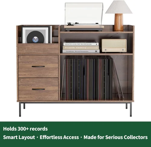 Miniatura 7 de Hassyee Soporte para tocadiscos con almacenamiento para más de 500 álbumes, estante giratorio moderno de mediados de siglo y cajones, consola