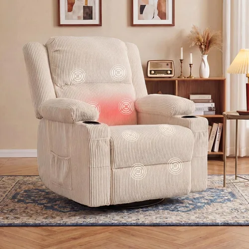 Miniatura 10 de Silla reclinable giratoria de 360 grados con calor y masaje, planeador reclinable manual de pana suave con puerto USB, 2 portavasos y 4 bolsillos