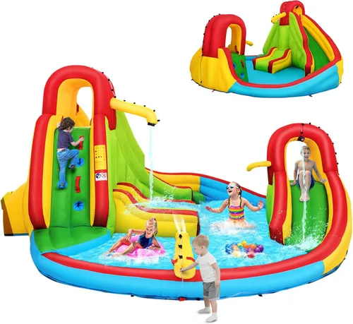 Miniatura 11 de HONEY JOY Tobogán acuático inflable, parque acuático inflable 7 en 1 con dos toboganes, pared de escalada y piscina de salpicaduras, manguera