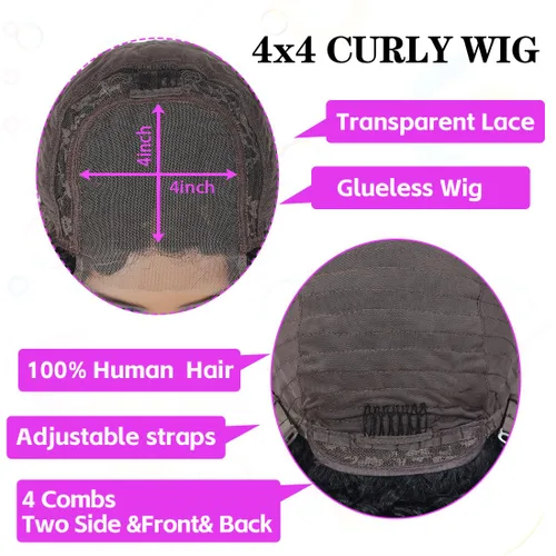 Miniatura 6 de Pelucas de cabello humano rizado estilo Bob de Forevermore, cierre 4x4 para mujeres, sin pegamento, 18 pulgadas, onda de agua, encaje frontal húmedo