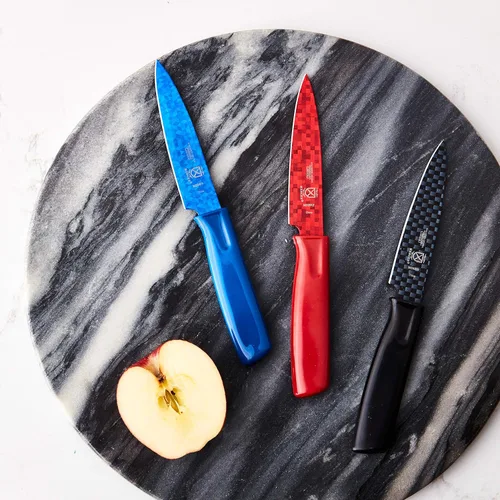 Miniatura 5 de Mercer Culinary Cuchillos de pelar antiadherentes con fundas ABS, 4 pulgadas, rojo/azul/negro, paquete de 3