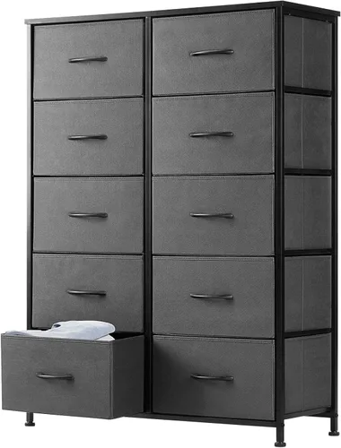 Miniatura 23 de DUMOS Cómoda para dormitorio, organizador de almacenamiento con 9 cajones, cómoda con cubos de tela, marco de metal resistente, mesa de madera