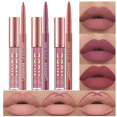 URQT Juego de 12 delineadores de labios nude y lápiz labial, 6 lápices labiales líquidos mate aterciopelados + 6 delineadores de labios suaves a