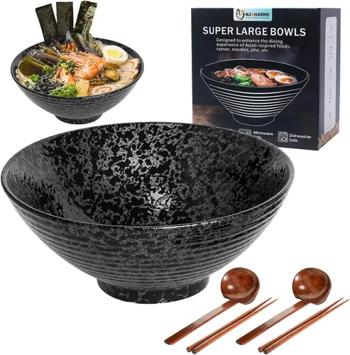 Miniatura 8 de NJCHARMS Juego de 2 cuencos de cerámica para ramen, cuencos de sopa de fideos japoneses de 42 onzas con cucharas y palillos para sopa de ramen