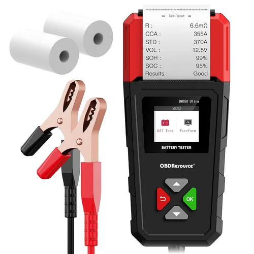 OBDResource BM550 Ultra - Probador de batería de coche con impresora 100-2000 CCA capacidad de carga para baterías de 6 V, 12 V y 24 V, analizador