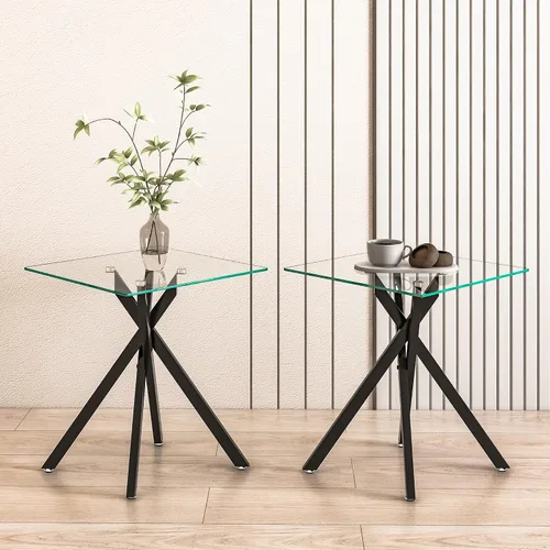 Miniatura 13 de Mesa auxiliar pequeña de vidrio con patas de metal negro, moderna mesa auxiliar cuadrada de vidrio templado transparente con diseño elegante