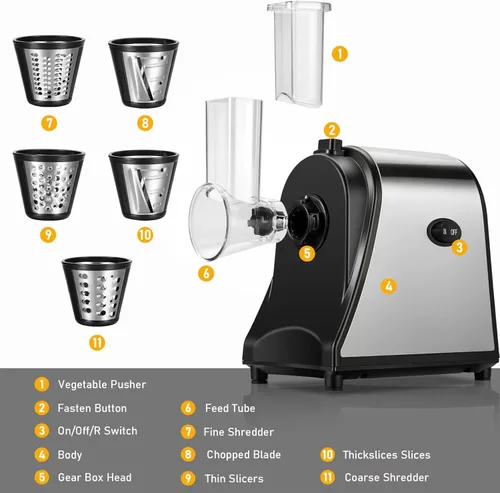 Miniatura 8 de Rallador eléctrico de queso, máquina de ensalada con 5 cuchillas diferentes, trituradora eléctrica de 250 W para uso en la cocina del hogar