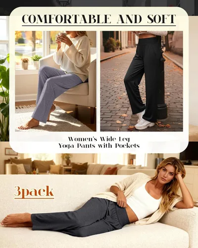 Miniatura 39 de Neer - Conjunto de 3 pantalones de yoga de pierna ancha para mujer - Pantalones deportivos cómodos, holgados, de cintura alta y casuales