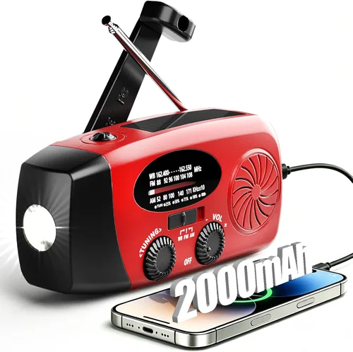 Miniatura 10 de Radio meteorológica NOAA con manivela solar de emergencia con AM/FM, cargador de teléfono USB de 2000 mAh y 3 linterna LED, alarma SOS para Negro