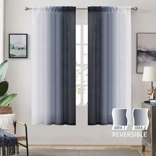Miniatura 2 de Cortinas transparentes de lino sintético con degradado gris oscuro para dormitorio y sala de estar con bolsillo para barra, cortinas de gasa Gris