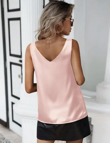 Miniatura 2 de Zeagoo Camiseta sin mangas de satén de seda para mujer, estilo casual, cuello en V, holgada, sin mangas