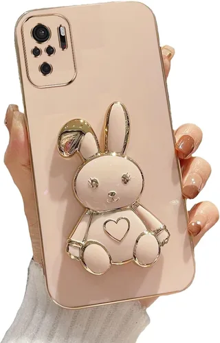 Estuche con soporte de conejo de corazón para Xiaomi Redmi Note 10S, galvanizado suave TPU protector delgado a prueba de golpes con lindo conejito