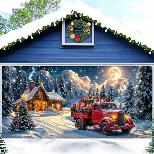 Miniatura 2 de Cubierta de puerta de garaje de Navidad de 6 x 8 pies, Papá Noel, retro, camión, nieve, árbol de Navidad, decoración de puerta de garaje, decoración