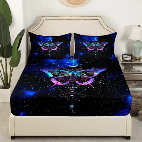 Miniatura 3 de Sábana bajera ajustable de mariposa, tamaño individual, estrellas estrelladas, galaxia azul, nebulosa, universo de nebulosa, suave, lujoso, juego