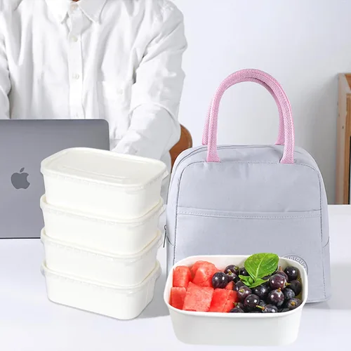 Miniatura 7 de Paquete de 50 cuencos de ensalada desechables con tapas, recipientes de comida de papel kraft blanco de 25 onzas, cuencos rectangulares para sopa a