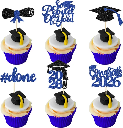 Miniatura 27 de Gyufise 24 piezas Adornos para pastel de graduación 2026 con purpurina negra, clase de 2026, adornos para magdalenas con gorra de graduación