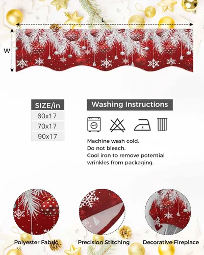 Miniatura 6 de Bufanda roja de Navidad para chimenea, decoraciones para repisa de chimenea, bolas de Navidad, copo de nieve, hojas de pino plateadas, cubierta
