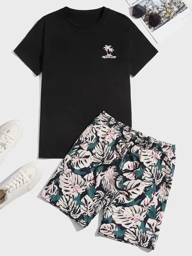 Miniatura 98 de GORGLITTER Conjunto de 2 piezas de camiseta gráfica de manga corta para hombre, estampado hawaiano con cordón y pantalones cortos