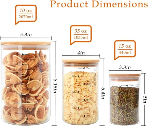 Miniatura 2 de Contenedores de almacenamiento de vidrio con tapas, tarros de vidrio con tapas de bambú, juego de recipientes para pasta, frutos secos, granos