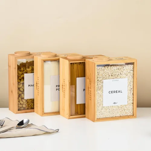 Miniatura 2 de Dispensador de almacenamiento de recipientes de cereales de cocina de bambú, organizadores herméticos de despensa de 3 litros con tapa, organización