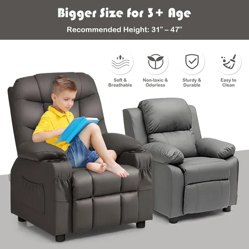 Miniatura 4 de GLACER Silla reclinable para niños con portavasos y bolsillos laterales, reclinable para niños con respaldo cómodo, reposabrazos y reposapiés, Marrón