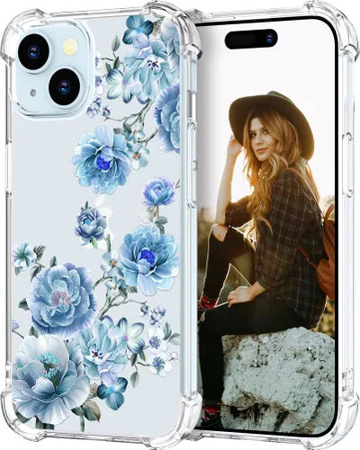 Miniatura 17 de Hungo Funda compatible con iPhone 15 Plus para mujer, diseño floral transparente, lindo, flor azul rosa Rosas Azules
