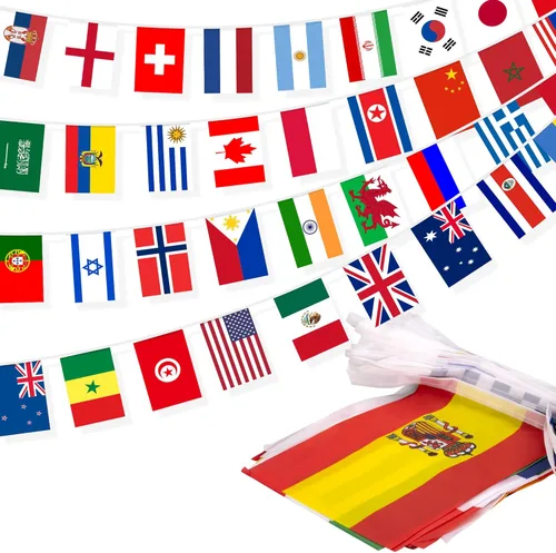 Bandera de cuerda de 100 países, bandera internacional de 82 pies, decoración de bandera mundial para fiesta de la Copa del Mundo, escuela, eventos