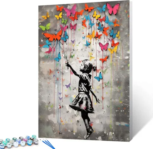 Miniatura 25 de Tucocoo Kits de pintura de globos coloridos por números con pinceles y pigmento acrílico sobre lienzo para adultos, cuadro de calle Banksy Little