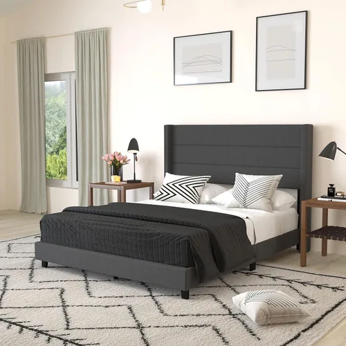 Miniatura 10 de Merrick Lane Percy - Cama de plataforma moderna, lino sintético beige, tamaño Queen, cabecero acolchado con respaldo con alas cosidas de canal