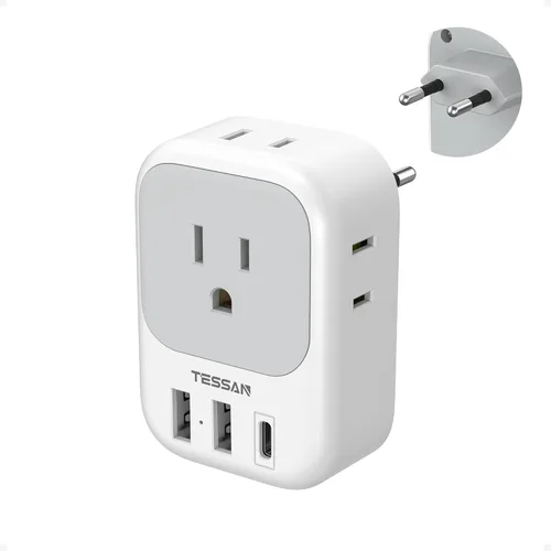 Adaptador de enchufe de viaje europeo USB C, adaptador de enchufe internacional TESSAN con 4 salidas de CA, 3 puertos de carga USB, adaptador de