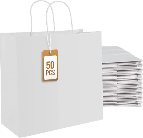 PAICUIKE 50 bolsas de papel blanco con asas, grandes bolsas de compras de papel kraft de 11 x 6 x 11 pulgadas para venta al por menor, embalaje de
