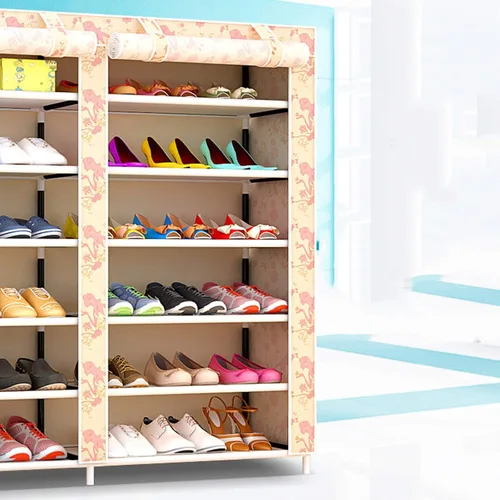 Miniatura 2 de Zapatero de 2 filas de metal, cubierta de tela multicapa a prueba de polvo, organizador de almacenamiento para dormitorio, sala de estar, puerta
