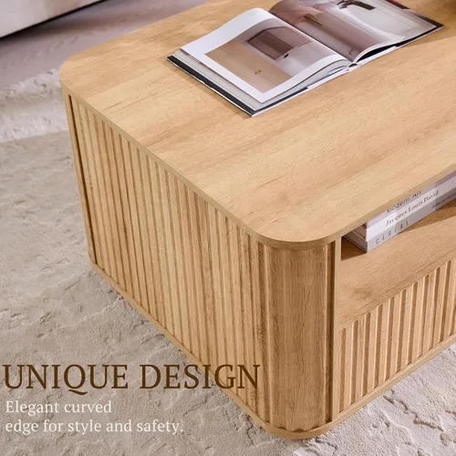 Miniatura 5 de ACCOHOHO Mesa de centro acanalada de 51 pulgadas con almacenamiento, mesa central grande y moderna con 2 cajones, mesa auxiliar rectangular de Roble