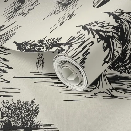 Miniatura 2 de Spoonflower Papel Tapiz Despegar y Pegar Muestra - OVNI Grande Negro Toile De Jouy Abducción Alienígena Espacio Acampada Papel Tapiz Removible