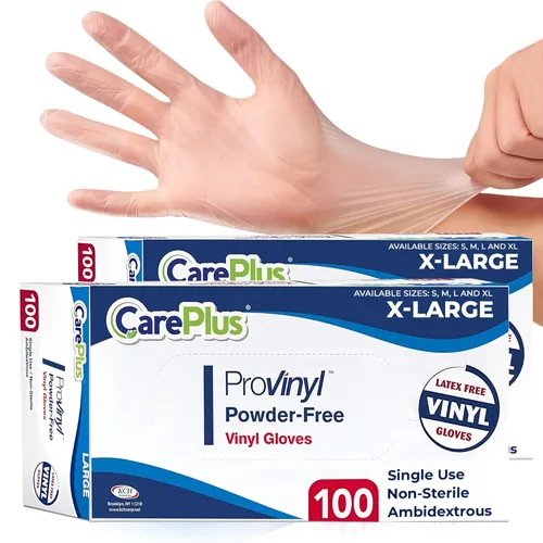 Miniatura 12 de Care Plus – Guantes de vinilo desechables, sin talco, transparentes, sin látex, hipoalergénicos, caja de 100, M Vinilo transparente