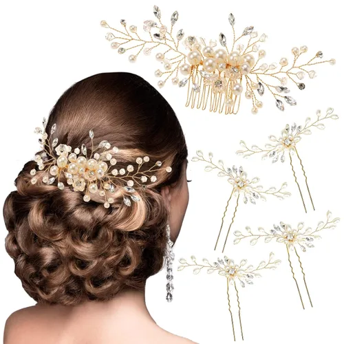 ULTIMUTE Peine para el pelo y 4 pines, accesorios para el cabello de novia, con diamantes de imitación de cristal de perla, peine y horquillas para