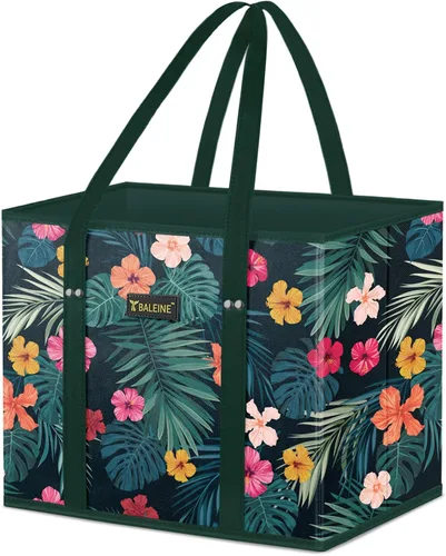 Miniatura 29 de BALEINE Paquete de 3 bolsas de comestibles reutilizables, bolsas de compras plegables para comestibles con parte inferior reforzada y asas