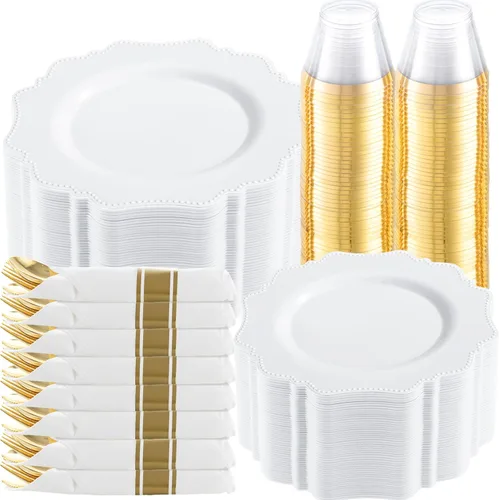 COLOSUS Juego de cubiertos dorados desechables de 350 piezas de plástico blanco para fiesta: 50 platos de cena, 50 platos de postre, 50 servilletas