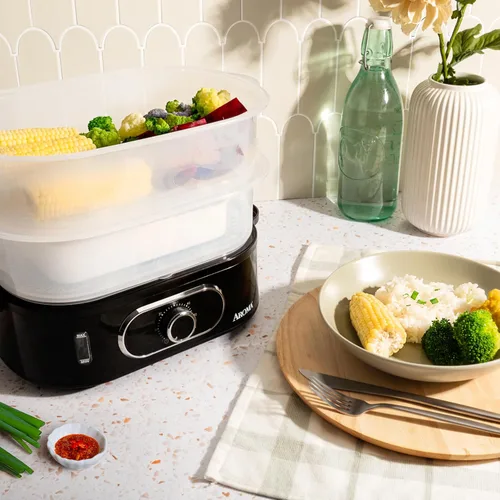 Miniatura 7 de AROMA® Cesta de vapor de alimentos doble y vaporizador eléctrico de arroz con nivel de agua de fácil lectura y temporizador